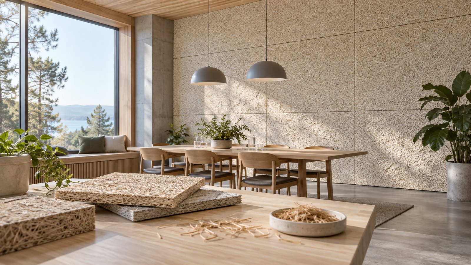 Panouri acustice din fibre de lemn într-un interior luminos cu materiale naturale